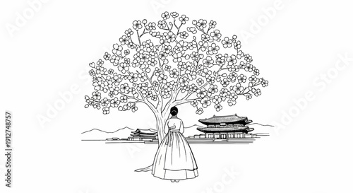 A solitary figure in traditional attire gazes at a blooming tree before ancient palaces