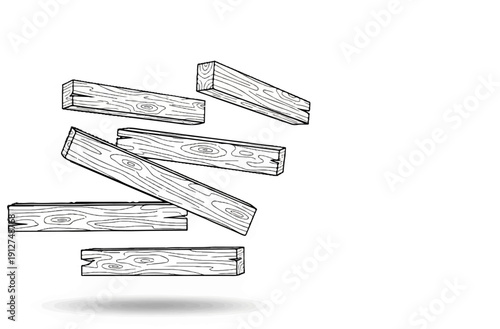 A pile of wooden planks scattered in a dynamic arrangement