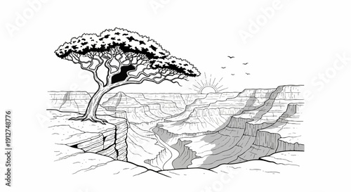 A lone, windswept tree overlooks a vast canyon at sunrise with birds flying