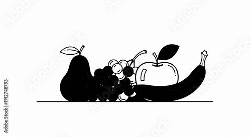 A simplified illustration of a pear, grapes, an apple, and a banana
