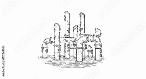 A network of industrial pipes submerged in water, encrusted with barnacles