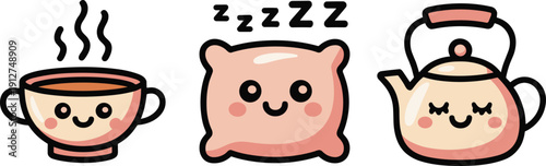 Cute kawaii bedtime icons set, smiling tea cup pillow teapot sleepy cartoon illustration vector collection