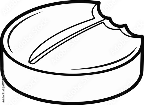 A simple black and white line drawing of a pill with a bite taken out of it
