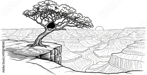 A solitary tree clings to a cliff edge overlooking a vast canyon at sunset
