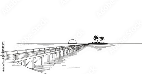 A long pier stretches over water towards a small island with palm trees