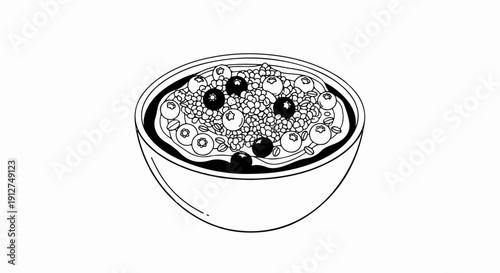 A simple line drawing depicts a bowl overflowing with cereal and blueberries