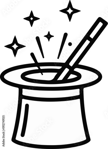 A magic hat with a wand creating stars and sparkles