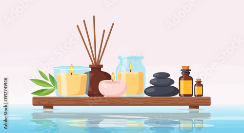 A spa tray with candles, stones, and oils rests on water
