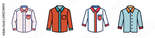 Collection of stylish button-down shirts in various colors flat design vector illustration