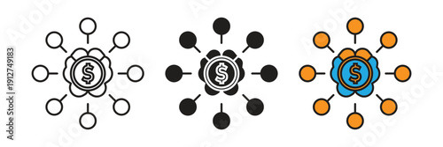 Intellectual Capital Network Vector Icon. Central brain icon with dollar symbol connected to a network representing intellectual property and monetization.