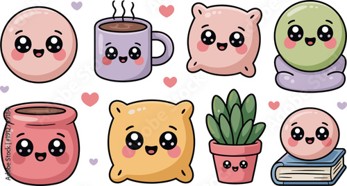 Cute kawaii cozy characters, smiling coffee mug, pillow mascots, potted plant, pastel cartoon icons with hearts illustration set