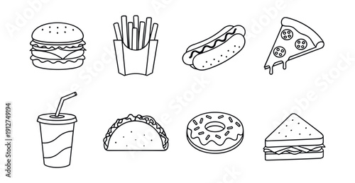 Fast food black and white line icons set