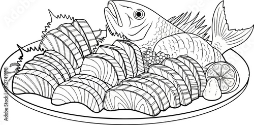 A plate of raw fish slices with a whole fish, lemon, and garnish