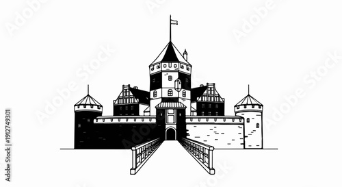 A majestic castle with a bridge and battlements, rendered in outline