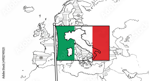 A map of Europe with Italy's flag superimposed over its geographic location