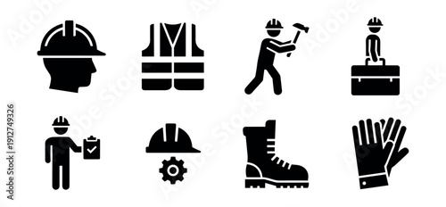 Construction and worker safety silhouette icons set