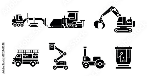 Construction vehicles silhouette icons set