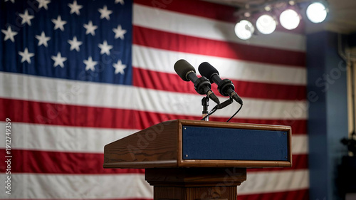 Presidential style podium with microphones and American flag backdrop representing leadership and democracy
