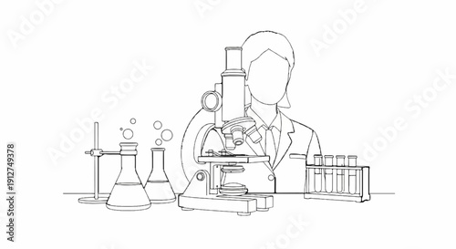 A scientist in a lab coat works with a microscope and various lab equipment