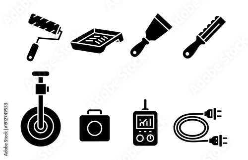 Tools and equipment silhouette icons set