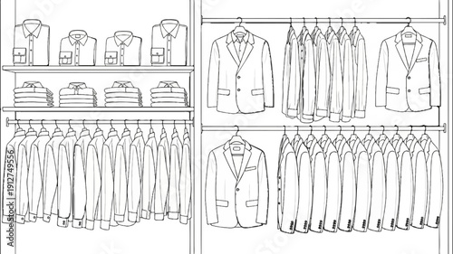 A selection of men's shirts and suits displayed in a retail setting