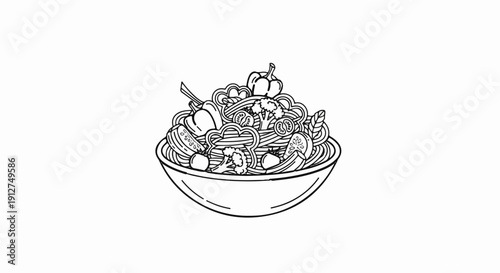 A simple line drawing of a bowl filled with pasta and mixed vegetables