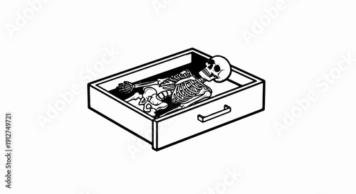 A skeleton rests in an open drawer with a handle