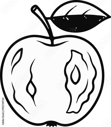A simple line drawing of a decaying apple with a stem and leaf