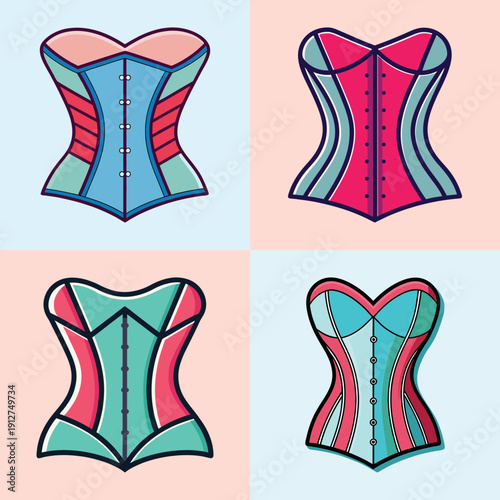 Corset Set with Various Colors and Designs, Flat Design Vector Illustration