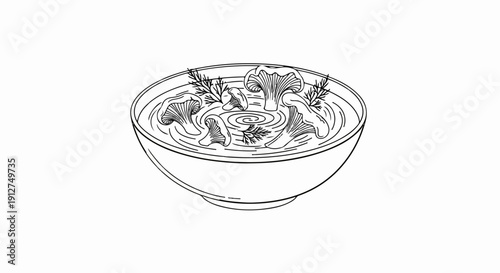A sketch of a bowl of soup with mushrooms and herbs
