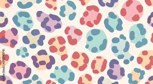 A playful pastel pattern of abstract, blob-like shapes in various muted colors