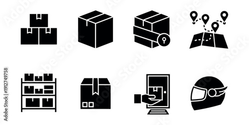 Logistics and delivery black and white icons set