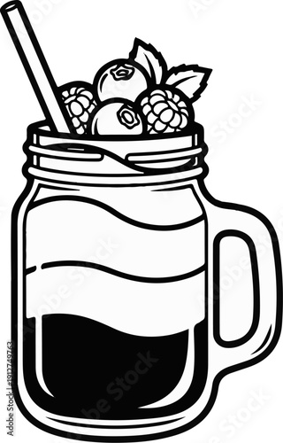 A line art drawing of a mason jar filled with a layered drink and fresh berries