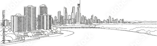 A sketch of a modern city skyline with tall buildings overlooking a river