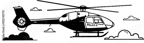 A police helicopter with rotors spinning, flying among cartoon clouds