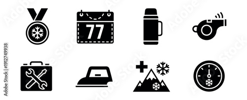 Winter sports and equipment line icons set