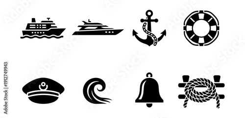 Nautical black and white icon set