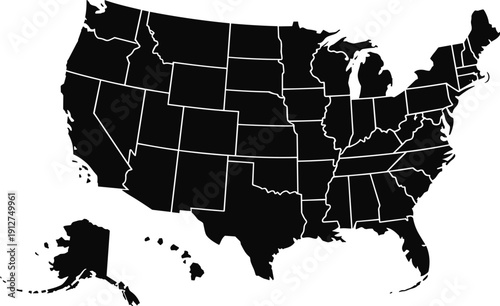 United States map silhouette with state borders, black and white USA political map for geography, infographic, education, design