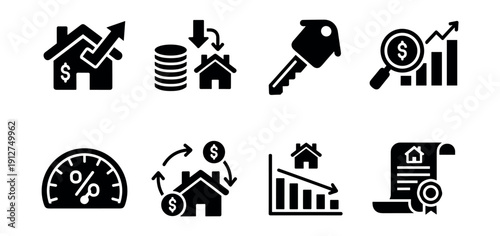 Real estate and finance black and white icons set