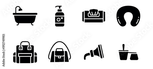 Personal care and travel essentials icon set