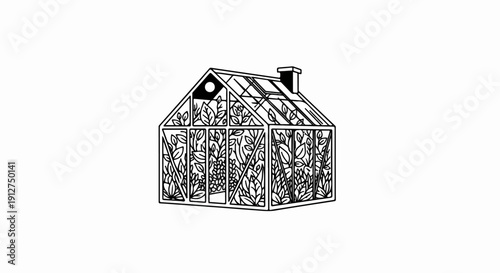 A simple line drawing of a greenhouse filled with plants and featuring a chimney
