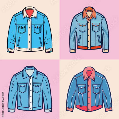 Set of blue denim jackets in different styles flat design vector illustration