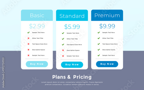 Modern Pricing Plans Table Design – Basic, Standard, Premium Subscription Comparison