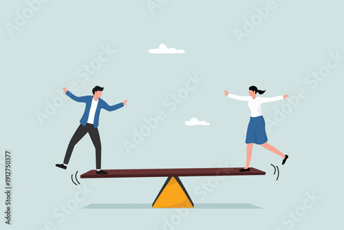 Gender equality, treat female and male equally, diversity or balance, fairness and justice concept, businessman and businesswoman balancing on equal seesaw.