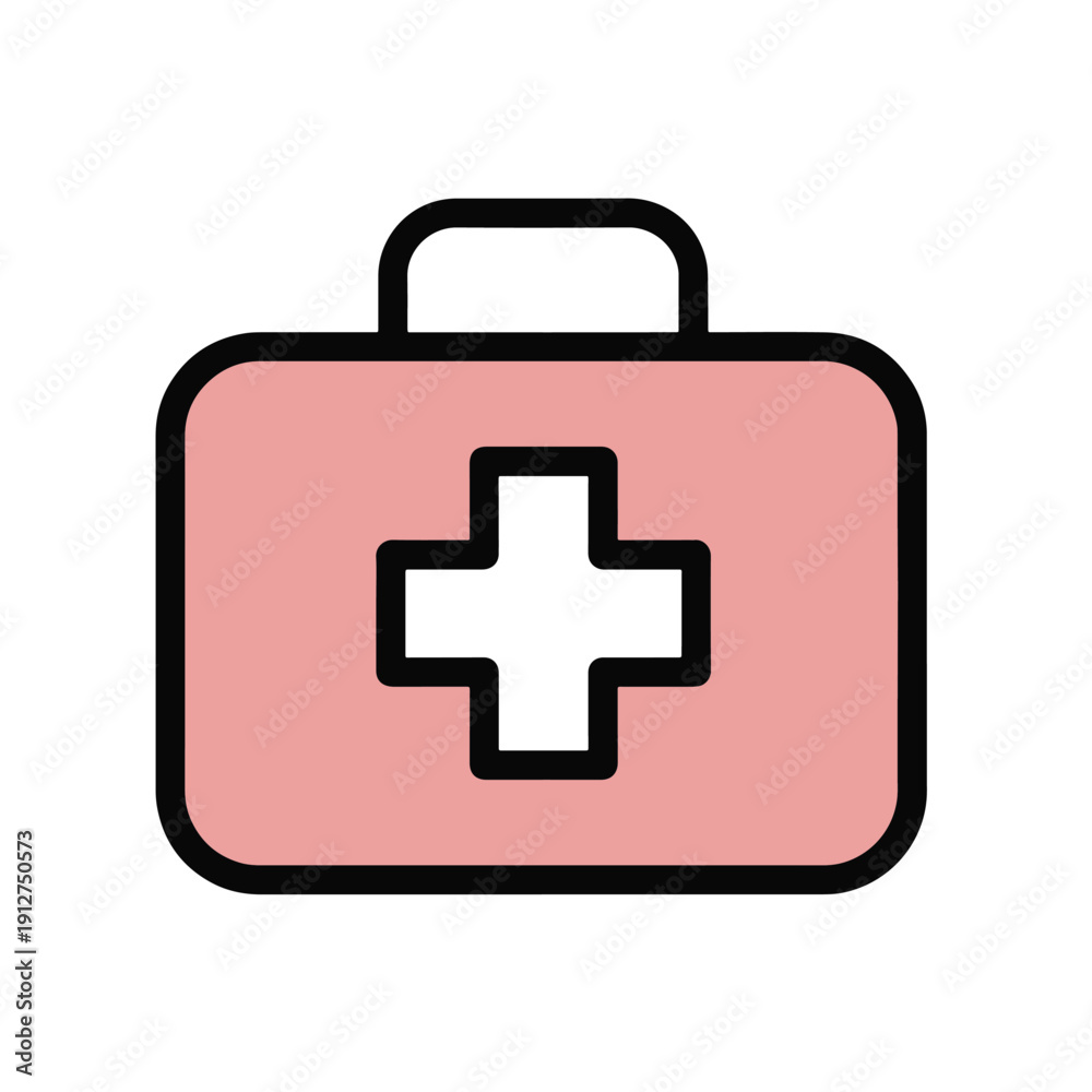 Obraz premium Simple first aid kit icon featuring a pink container with a bold white cross symbol centered prominently