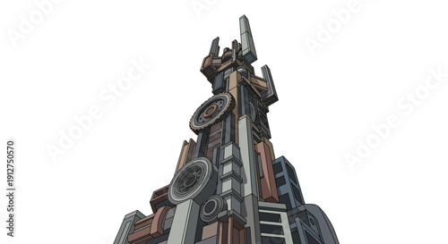 Steampunk Industrial Skyscraper Tower Illustration isolated on white. Futuristic retro-mechanical city building architecture design element.