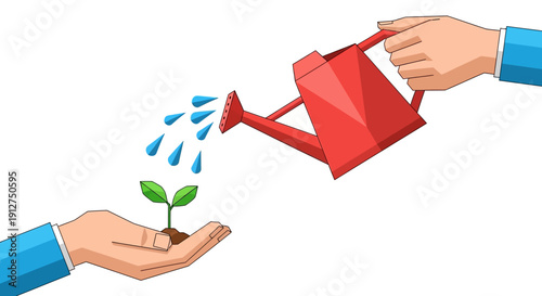 Investment and Growth Concept: Hand Watering Small Plant Seedling. Business Nurturing, Startup Support, and Development Illustration on White.