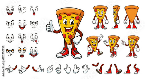Cartoon Pizza Character Expressions Gestures.