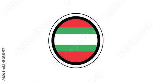 A circular emblem featuring a red, white, and green tricolor design within a black border.