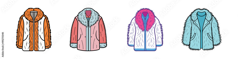 Obraz premium Set of colorful faux fur coats in flat design vector illustration